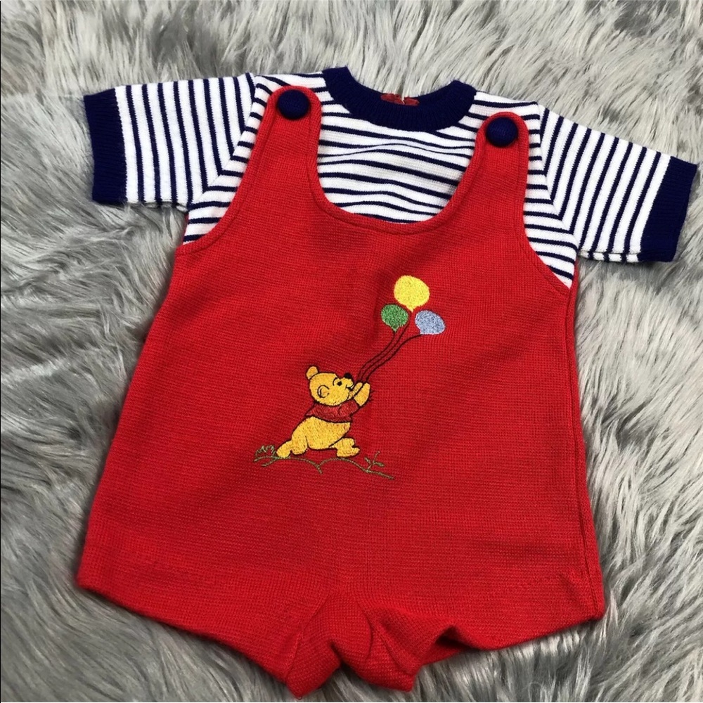 Vintage Sears Winnie The Pooh Red Navy Stripe Knit Baby Romper